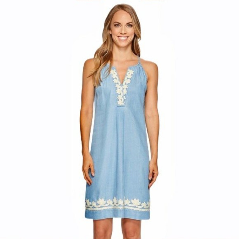 SOLD Tommy Bahama Chambray Embroidered Halter Dress